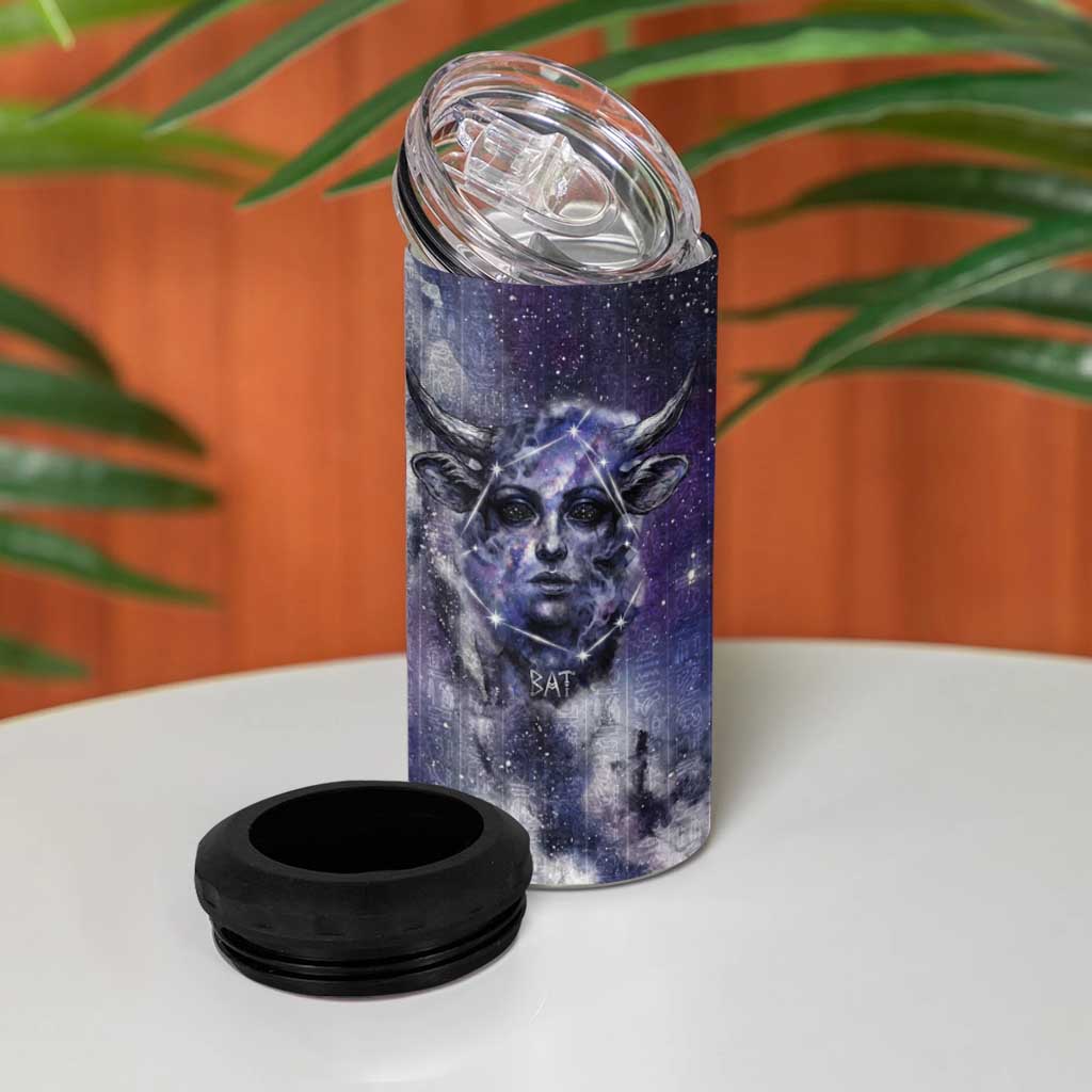 Bat Egyptian 4 in 1 Can Cooler Tumbler Cow Goddess Celestial Face Horn Ring Gem Cosmic Starry Sky