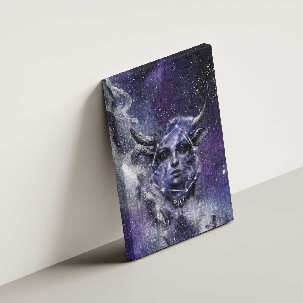 Bat Egyptian Canvas Wall Art Cow Goddess Celestial Face Horn Ring Gem Cosmic Starry Sky