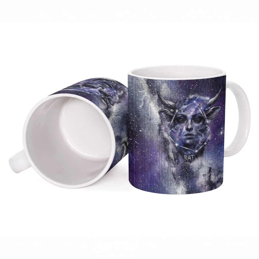 Bat Egyptian Ceramic Mug Cow Goddess Celestial Face Horn Ring Gem Cosmic Starry Sky