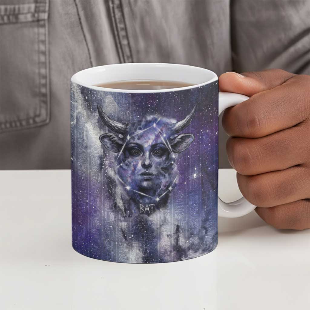 Bat Egyptian Ceramic Mug Cow Goddess Celestial Face Horn Ring Gem Cosmic Starry Sky