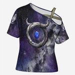 Bat Egyptian Cross Shoulder Shirt Cow Goddess Celestial Face Horn Ring Gem Cosmic Starry Sky