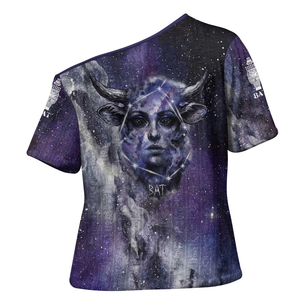 Bat Egyptian Cross Shoulder Shirt Cow Goddess Celestial Face Horn Ring Gem Cosmic Starry Sky