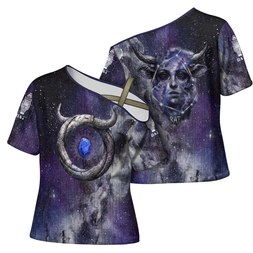 Bat Egyptian Cross Shoulder Shirt Cow Goddess Celestial Face Horn Ring Gem Cosmic Starry Sky