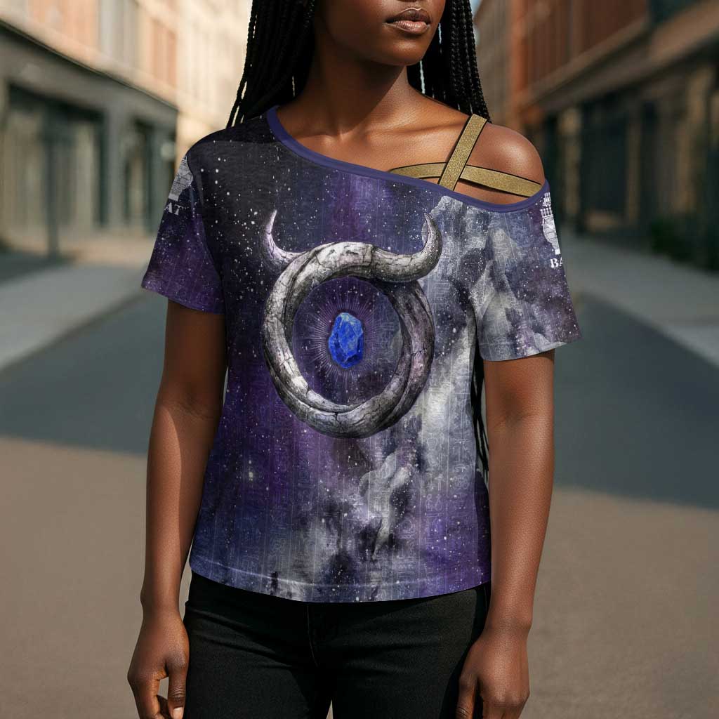 Bat Egyptian Cross Shoulder Shirt Cow Goddess Celestial Face Horn Ring Gem Cosmic Starry Sky
