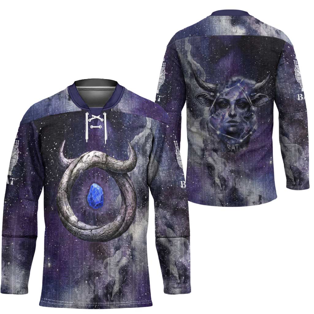 Bat Egyptian Hockey Jersey Cow Goddess Celestial Face Horn Ring Gem Cosmic Starry Sky