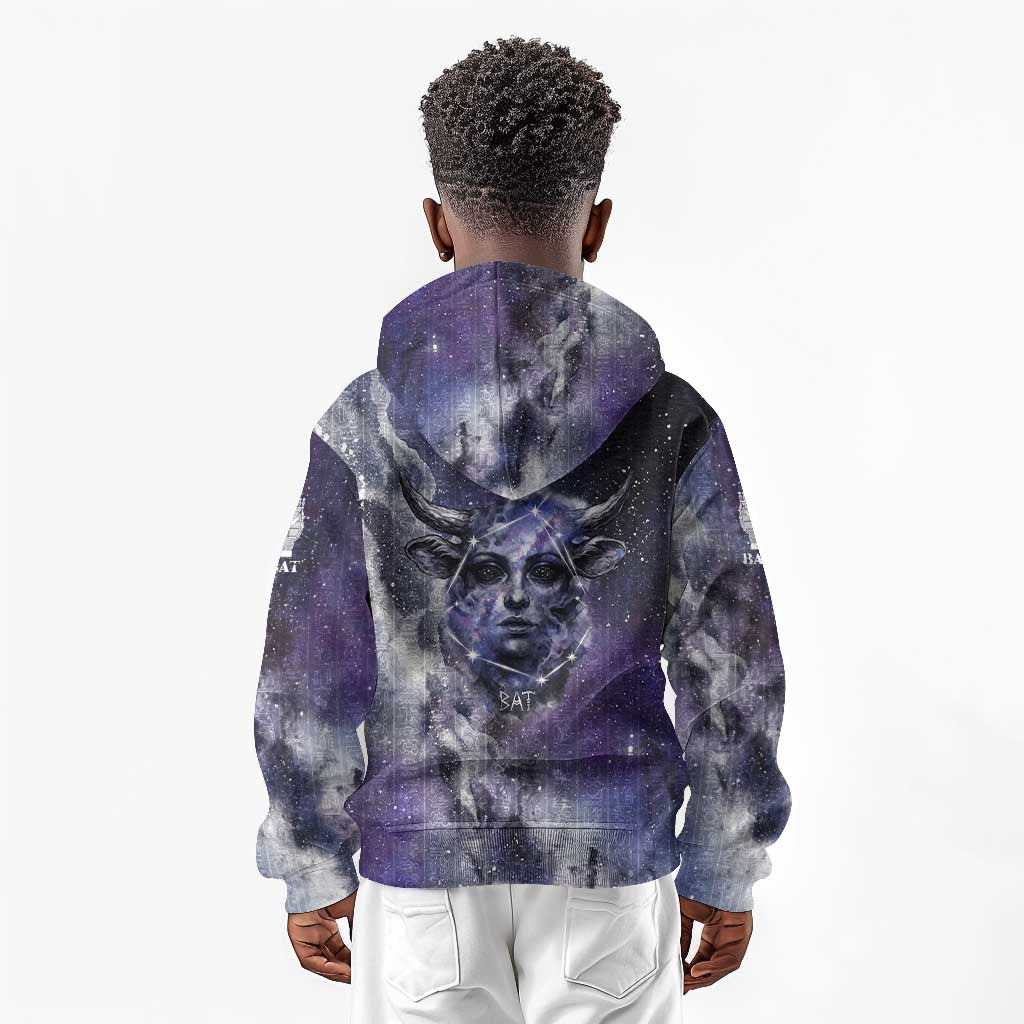 Bat Egyptian Kid Hoodie Cow Goddess Celestial Face Horn Ring Gem Cosmic Starry Sky