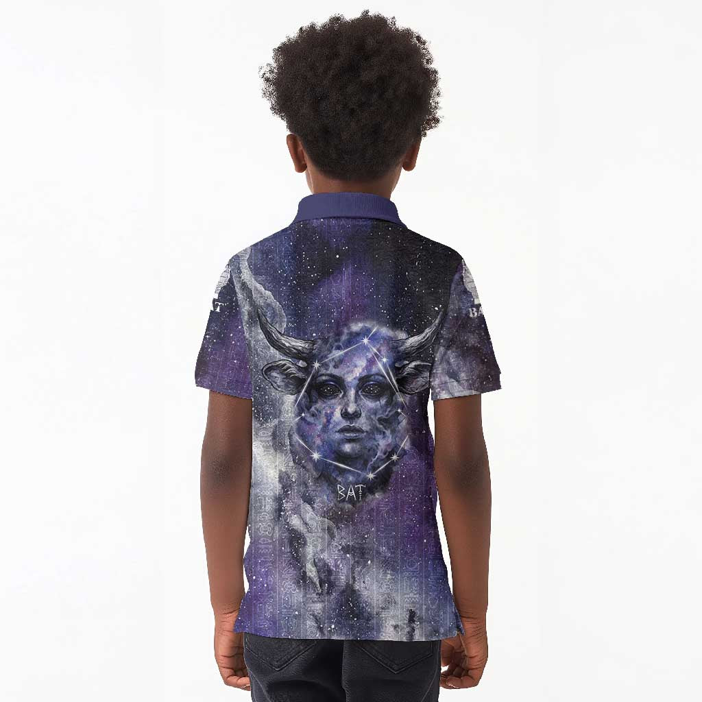Bat Egyptian Kid Polo Shirt Cow Goddess Celestial Face Horn Ring Gem Cosmic Starry Sky