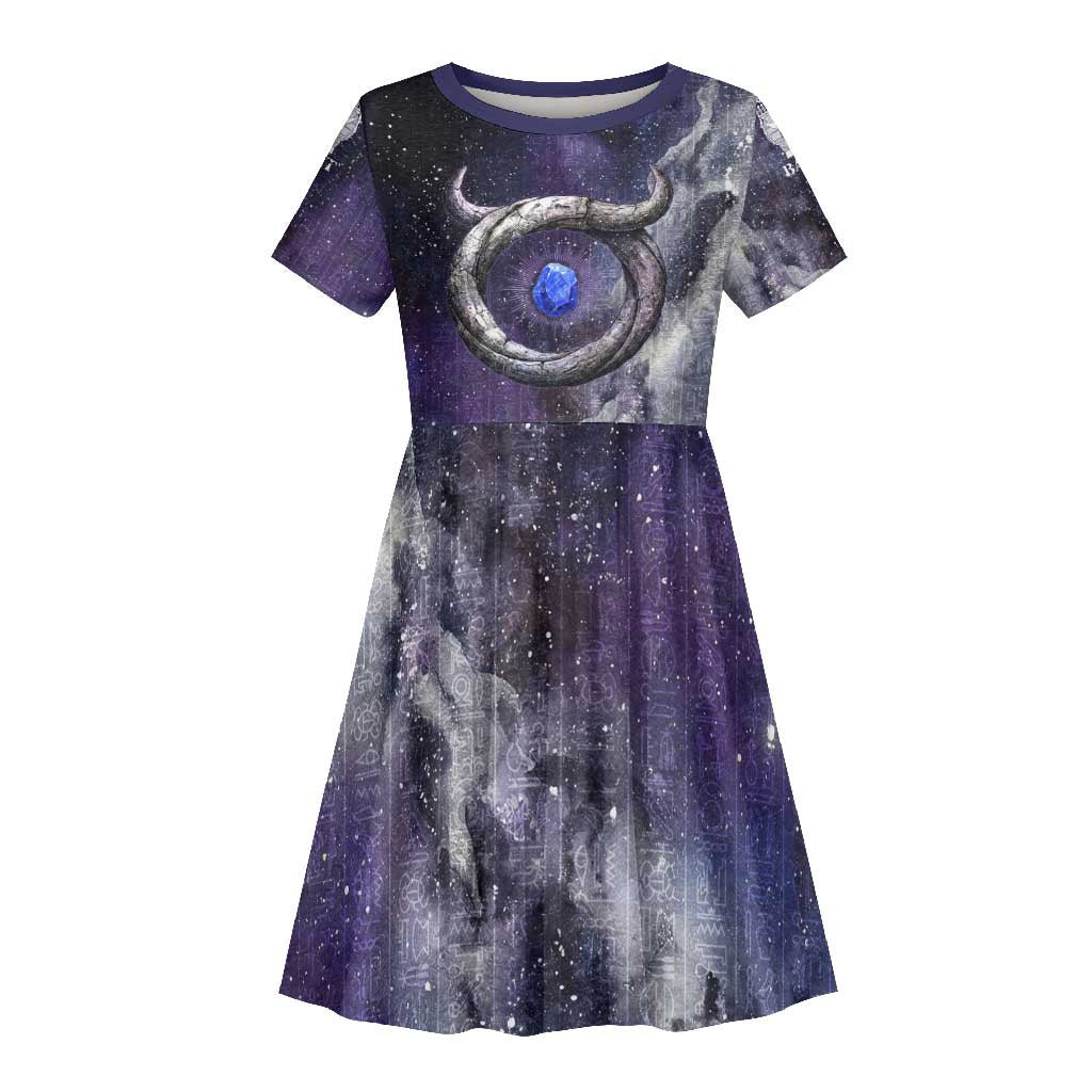 Bat Egyptian Kid Short Sleeve Dress Cow Goddess Celestial Face Horn Ring Gem Cosmic Starry Sky