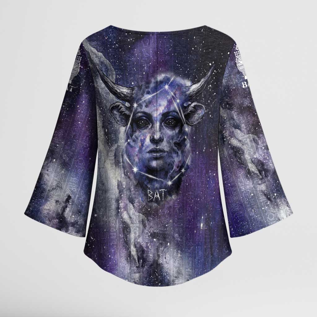 Bat Egyptian Kimono Sleeve Blouse Cow Goddess Celestial Face Horn Ring Gem Cosmic Starry Sky