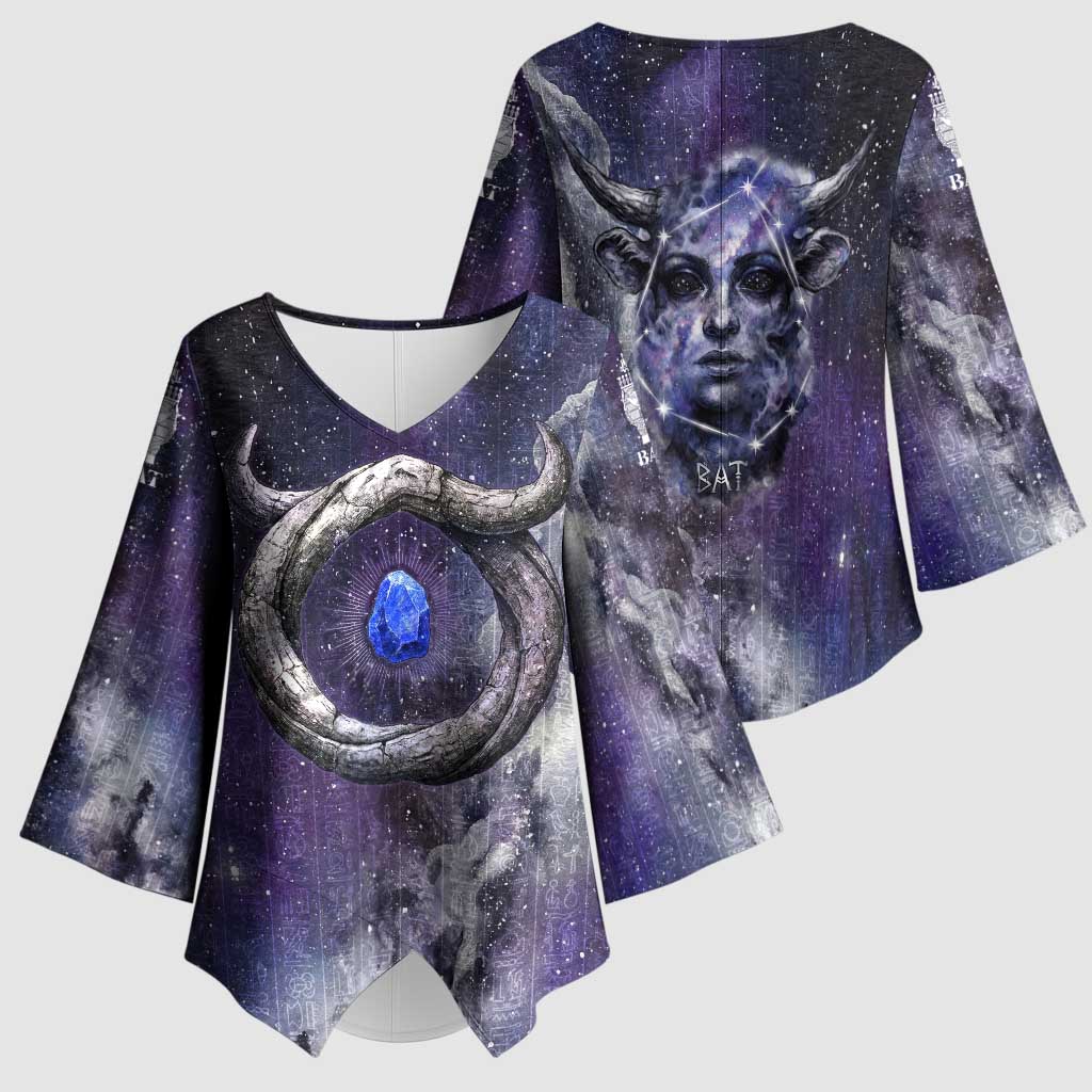 Bat Egyptian Kimono Sleeve Blouse Cow Goddess Celestial Face Horn Ring Gem Cosmic Starry Sky