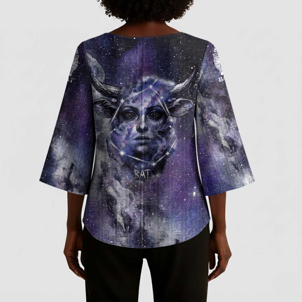Bat Egyptian Kimono Sleeve Blouse Cow Goddess Celestial Face Horn Ring Gem Cosmic Starry Sky
