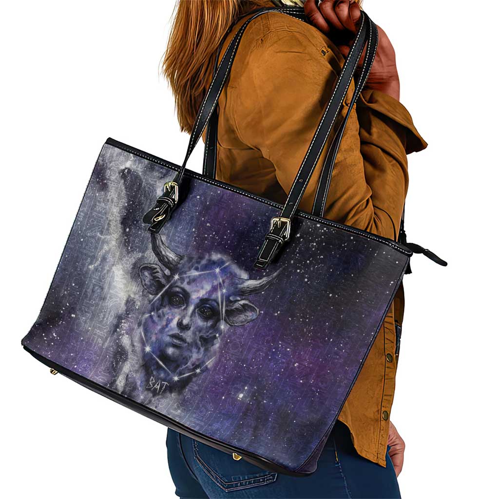 Bat Egyptian Leather Tote Bag Cow Goddess Celestial Face Horn Ring Gem Cosmic Starry Sky