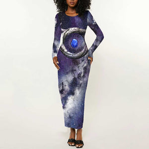 Bat Egyptian Long Sleeve Bodycon Dress Cow Goddess Celestial Face Horn Ring Gem Cosmic Starry Sky