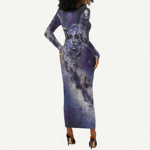 Bat Egyptian Long Sleeve Bodycon Dress Cow Goddess Celestial Face Horn Ring Gem Cosmic Starry Sky