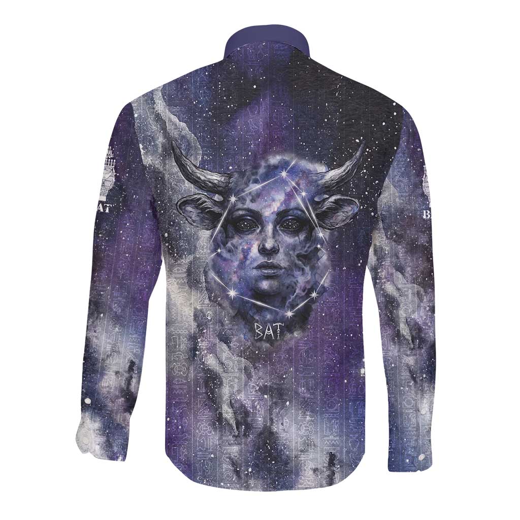 Bat Egyptian Long Sleeve Button Shirt Cow Goddess Celestial Face Horn Ring Gem Cosmic Starry Sky
