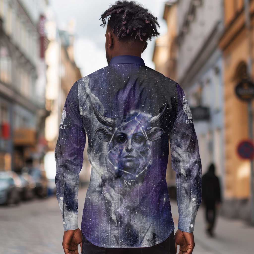 Bat Egyptian Long Sleeve Button Shirt Cow Goddess Celestial Face Horn Ring Gem Cosmic Starry Sky