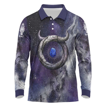 Bat Egyptian Long Sleeve Polo Shirt Cow Goddess Celestial Face Horn Ring Gem Cosmic Starry Sky
