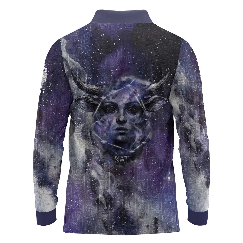 Bat Egyptian Long Sleeve Polo Shirt Cow Goddess Celestial Face Horn Ring Gem Cosmic Starry Sky