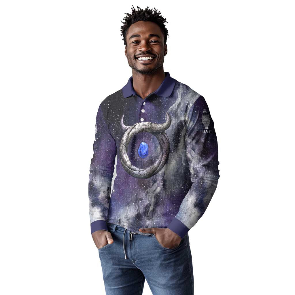 Bat Egyptian Long Sleeve Polo Shirt Cow Goddess Celestial Face Horn Ring Gem Cosmic Starry Sky