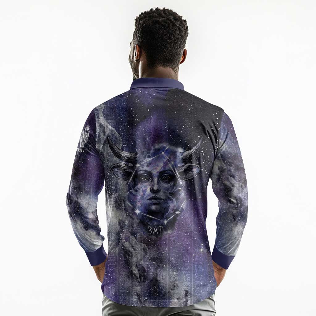 Bat Egyptian Long Sleeve Polo Shirt Cow Goddess Celestial Face Horn Ring Gem Cosmic Starry Sky