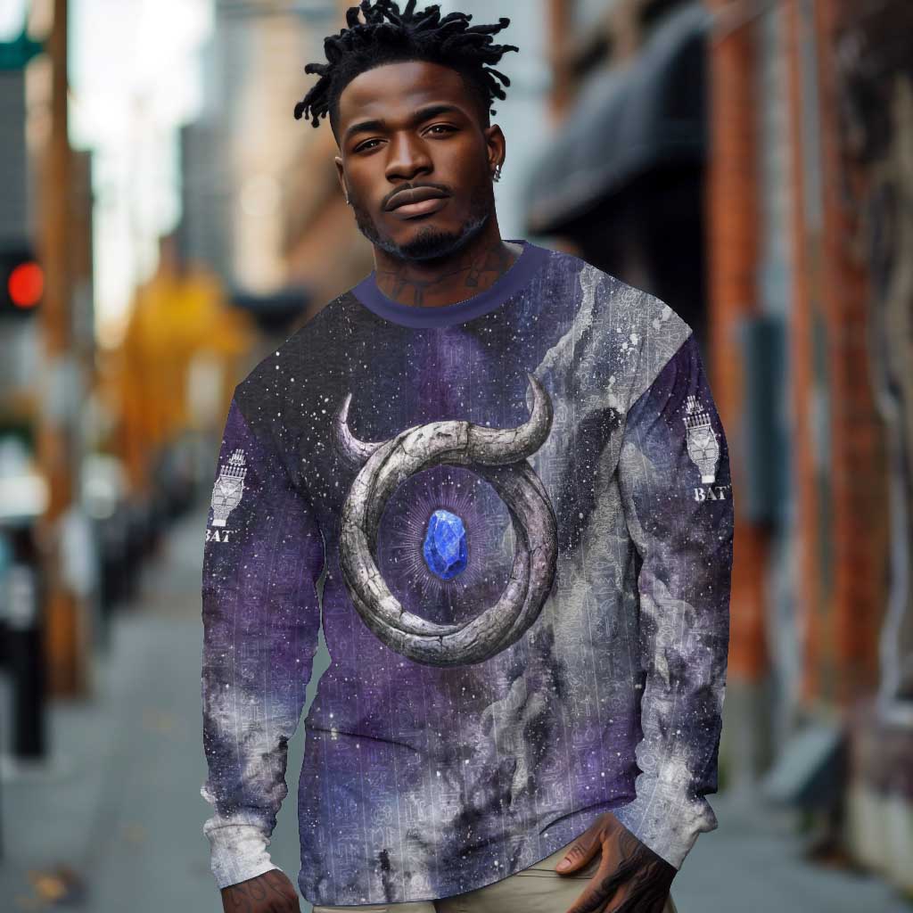 Bat Egyptian Long Sleeve Shirt Cow Goddess Celestial Face Horn Ring Gem Cosmic Starry Sky