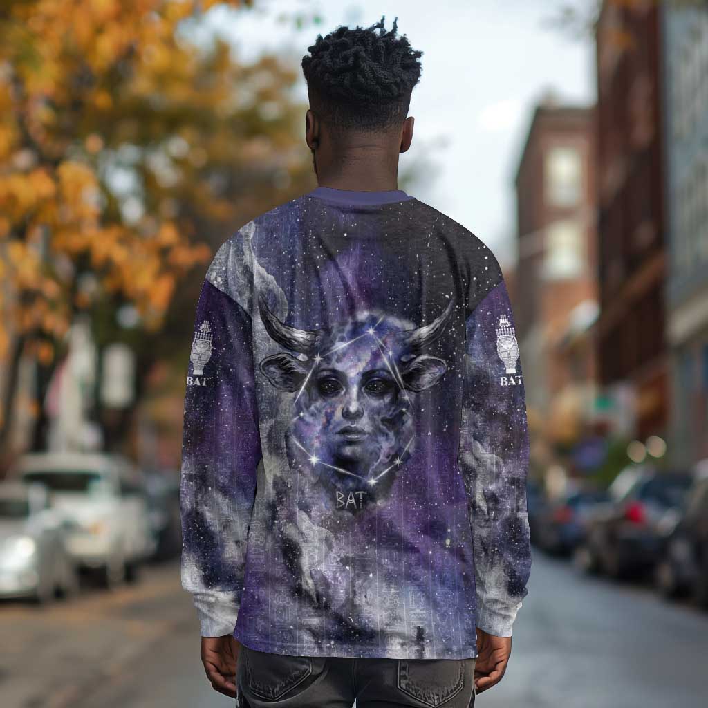 Bat Egyptian Long Sleeve Shirt Cow Goddess Celestial Face Horn Ring Gem Cosmic Starry Sky