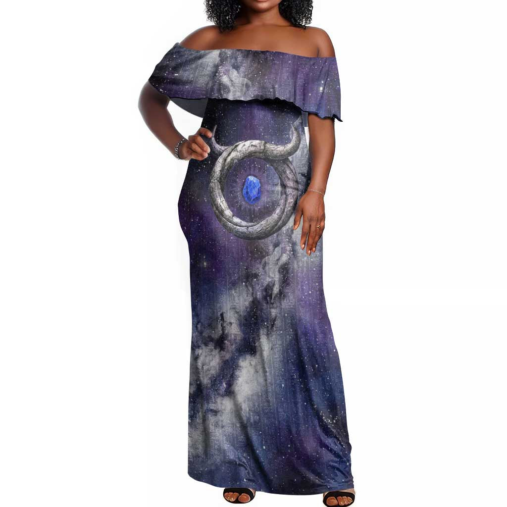Bat Egyptian Off Shoulder Maxi Dress Cow Goddess Celestial Face Horn Ring Gem Cosmic Starry Sky