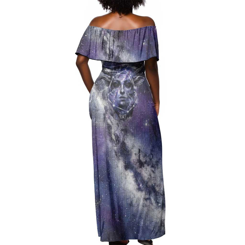 Bat Egyptian Off Shoulder Maxi Dress Cow Goddess Celestial Face Horn Ring Gem Cosmic Starry Sky