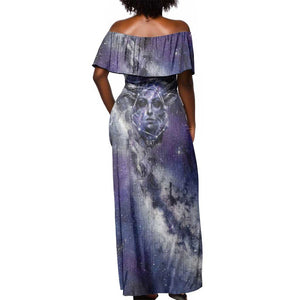 Bat Egyptian Off Shoulder Maxi Dress Cow Goddess Celestial Face Horn Ring Gem Cosmic Starry Sky