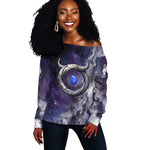 Bat Egyptian Off Shoulder Sweater Cow Goddess Celestial Face Horn Ring Gem Cosmic Starry Sky