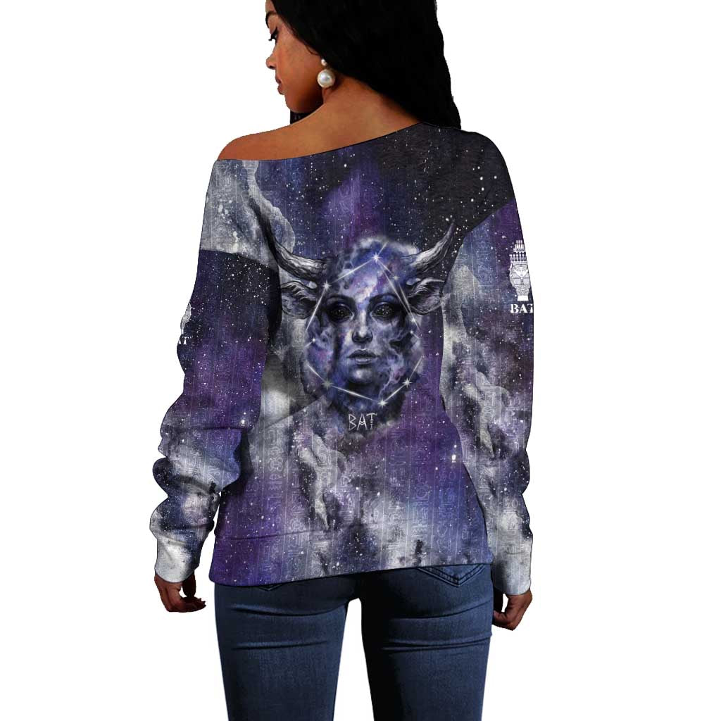 Bat Egyptian Off Shoulder Sweater Cow Goddess Celestial Face Horn Ring Gem Cosmic Starry Sky