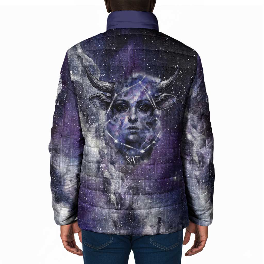 Bat Egyptian Padded Jacket Cow Goddess Celestial Face Horn Ring Gem Cosmic Starry Sky