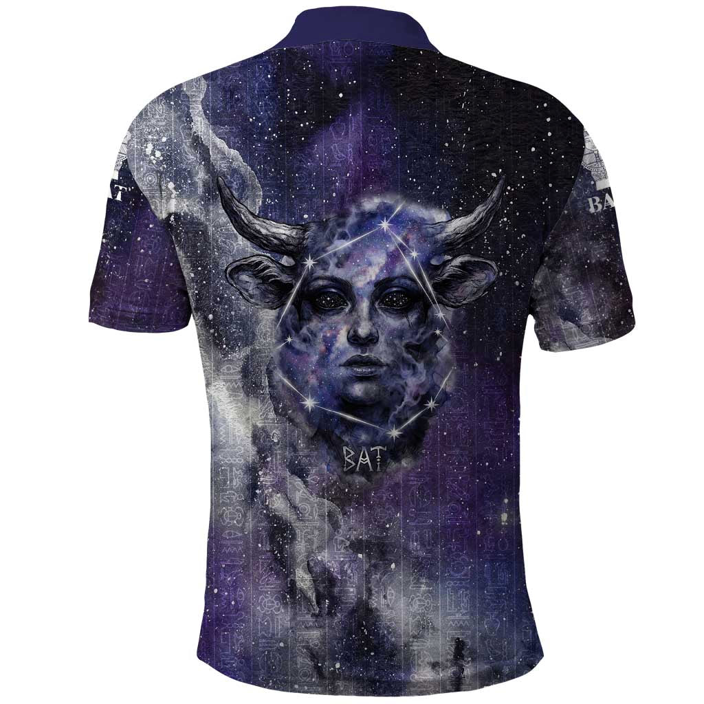 Bat Egyptian Polo Shirt Cow Goddess Celestial Face Horn Ring Gem Cosmic Starry Sky