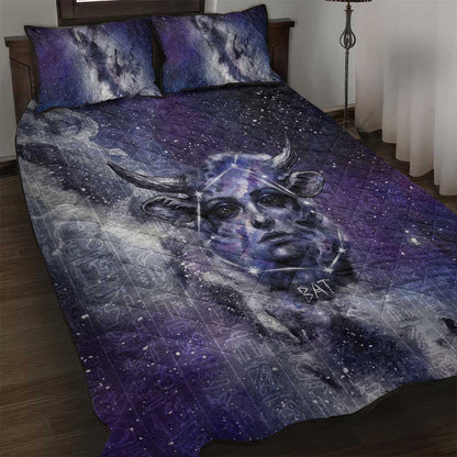 Bat Egyptian Quilt Bed Set Cow Goddess Celestial Face Horn Ring Gem Cosmic Starry Sky
