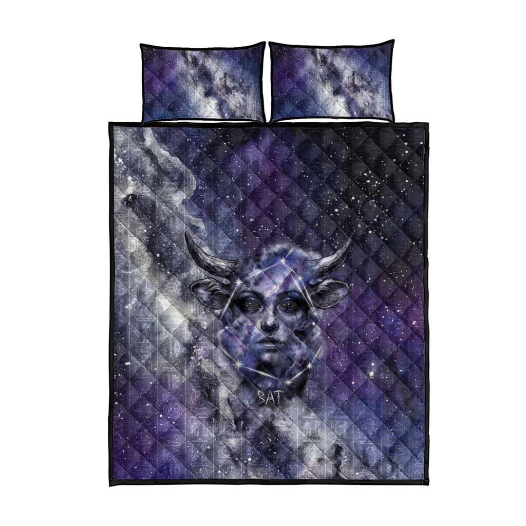 Bat Egyptian Quilt Bed Set Cow Goddess Celestial Face Horn Ring Gem Cosmic Starry Sky