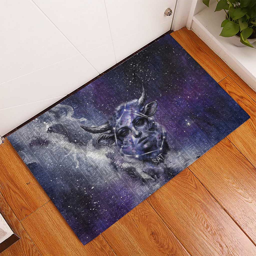Bat Egyptian Rubber Doormat Cow Goddess Celestial Face Horn Ring Gem Cosmic Starry Sky