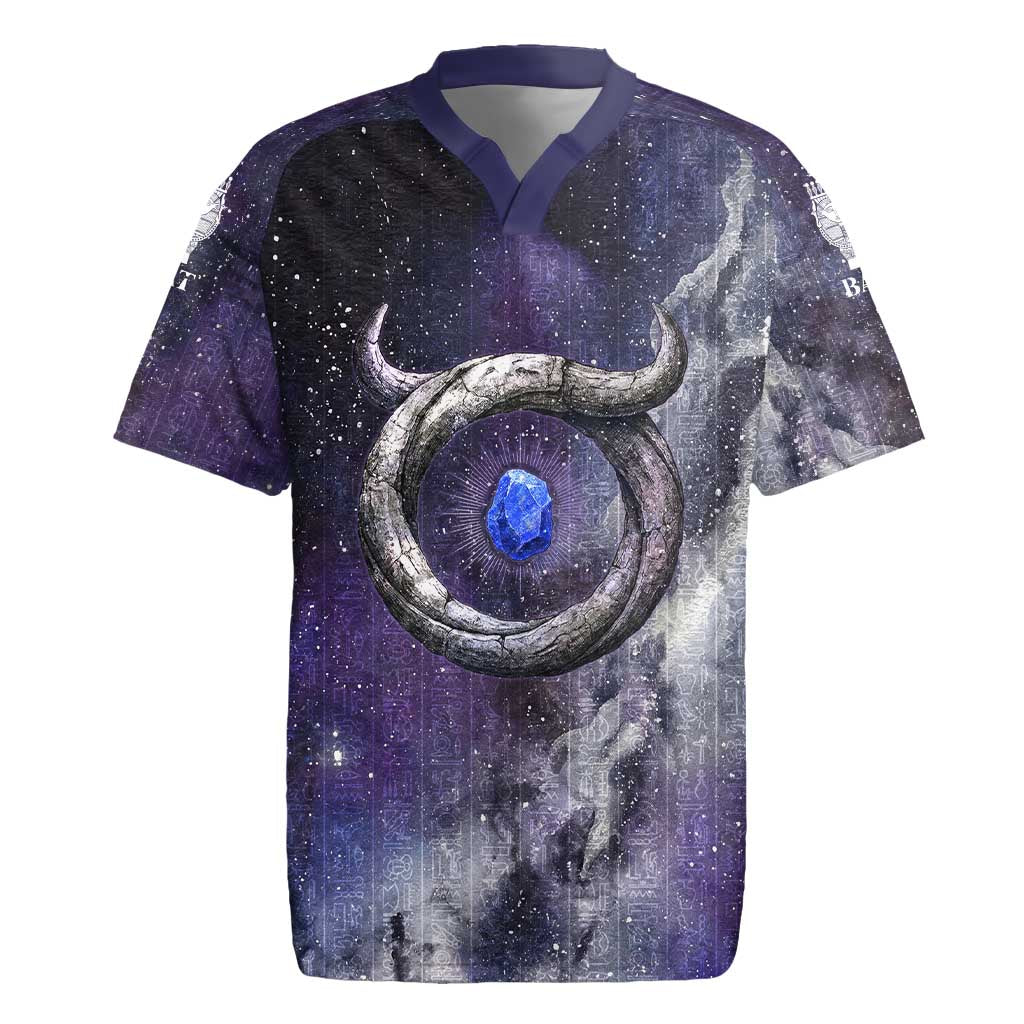 Bat Egyptian Rugby Jersey Cow Goddess Celestial Face Horn Ring Gem Cosmic Starry Sky