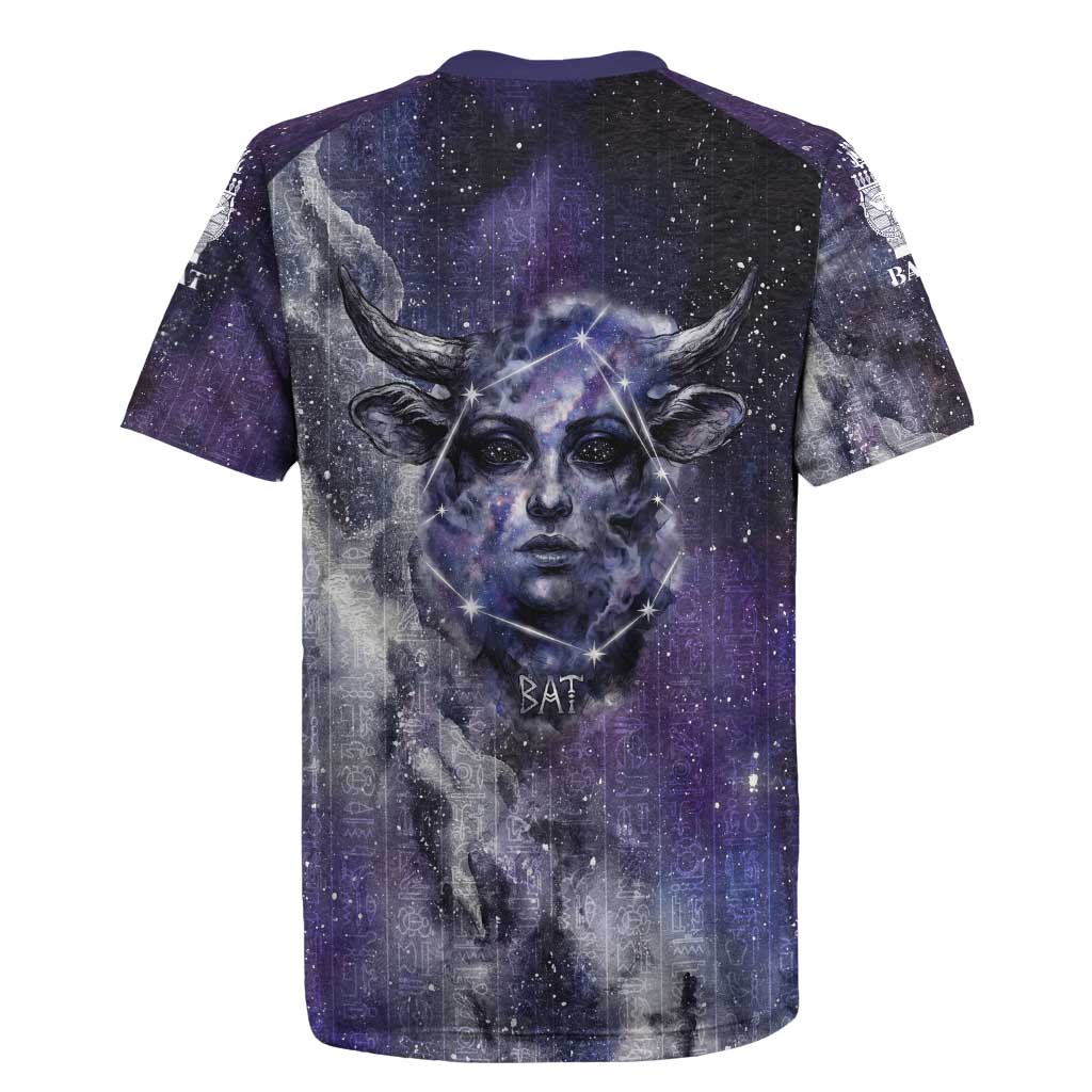 Bat Egyptian Rugby Jersey Cow Goddess Celestial Face Horn Ring Gem Cosmic Starry Sky