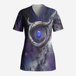 Bat Egyptian Scrub Top Cow Goddess Celestial Face Horn Ring Gem Cosmic Starry Sky