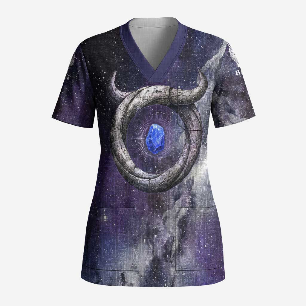 Bat Egyptian Scrub Top Cow Goddess Celestial Face Horn Ring Gem Cosmic Starry Sky
