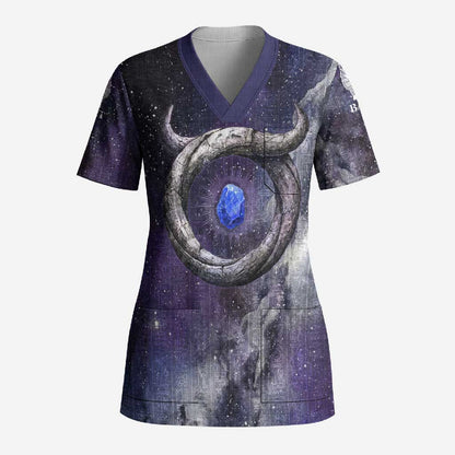 Bat Egyptian Scrub Top Cow Goddess Celestial Face Horn Ring Gem Cosmic Starry Sky