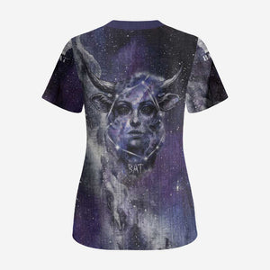 Bat Egyptian Scrub Top Cow Goddess Celestial Face Horn Ring Gem Cosmic Starry Sky