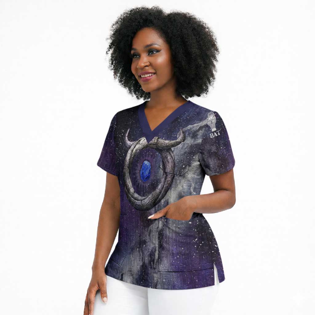 Bat Egyptian Scrub Top Cow Goddess Celestial Face Horn Ring Gem Cosmic Starry Sky