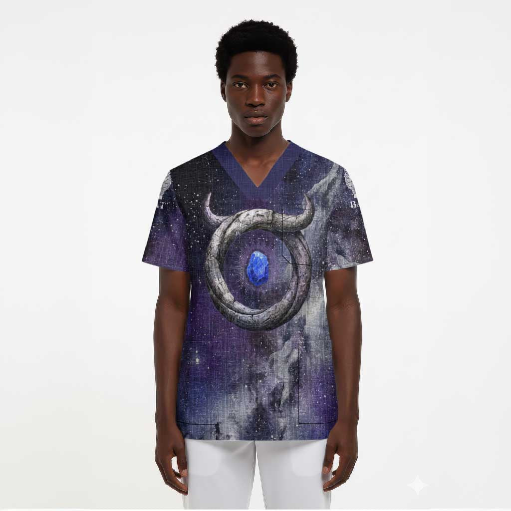 Bat Egyptian Scrub Top Cow Goddess Celestial Face Horn Ring Gem Cosmic Starry Sky