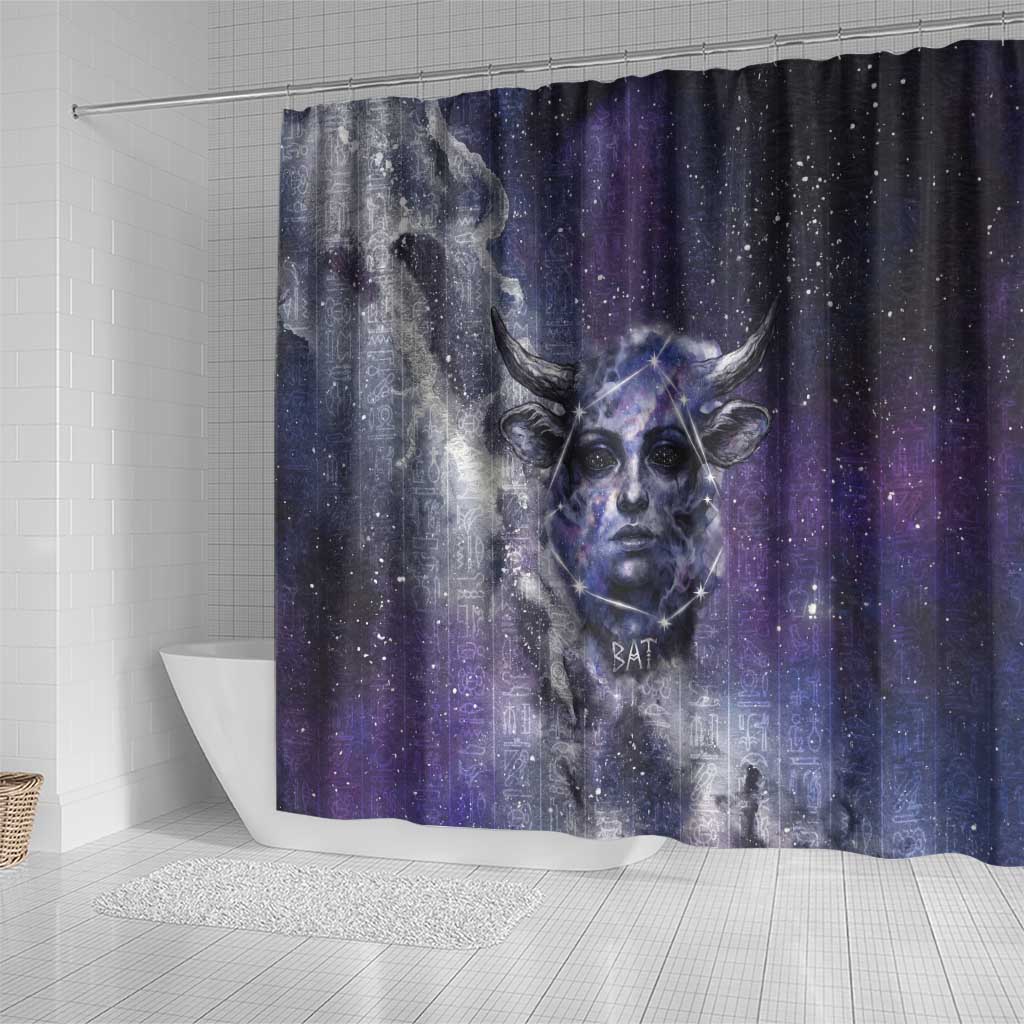 Bat Egyptian Shower Curtain Cow Goddess Celestial Face Horn Ring Gem Cosmic Starry Sky
