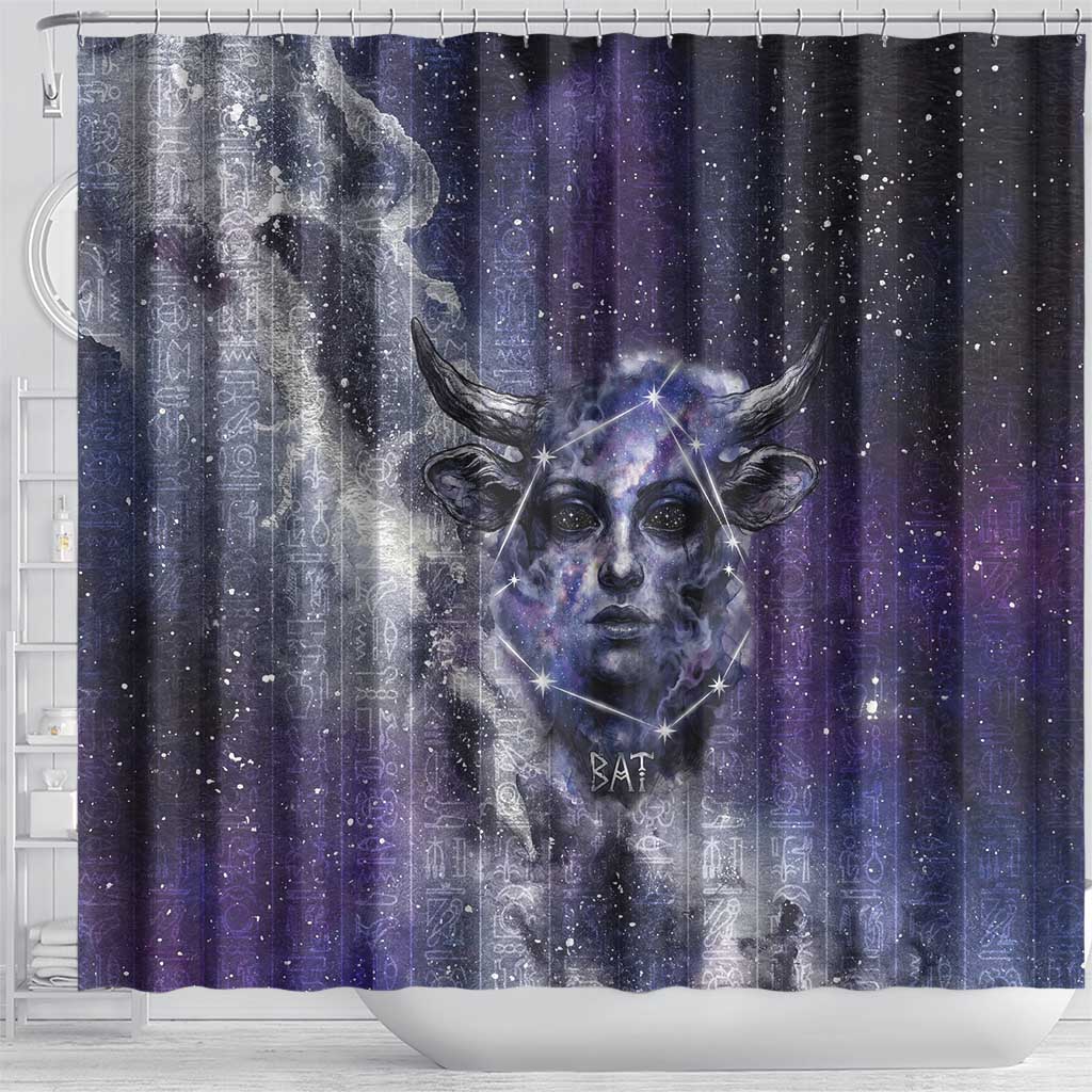 Bat Egyptian Shower Curtain Cow Goddess Celestial Face Horn Ring Gem Cosmic Starry Sky