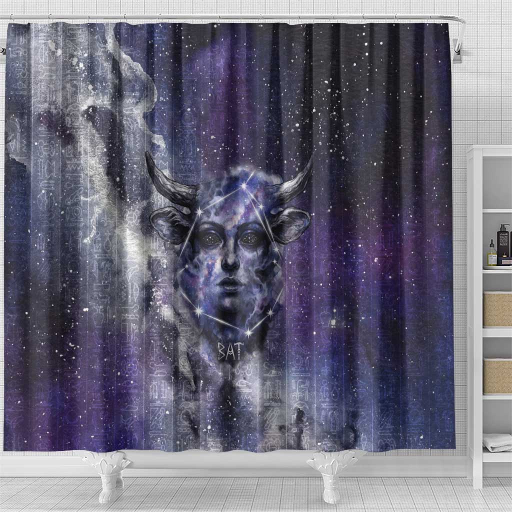 Bat Egyptian Shower Curtain Cow Goddess Celestial Face Horn Ring Gem Cosmic Starry Sky