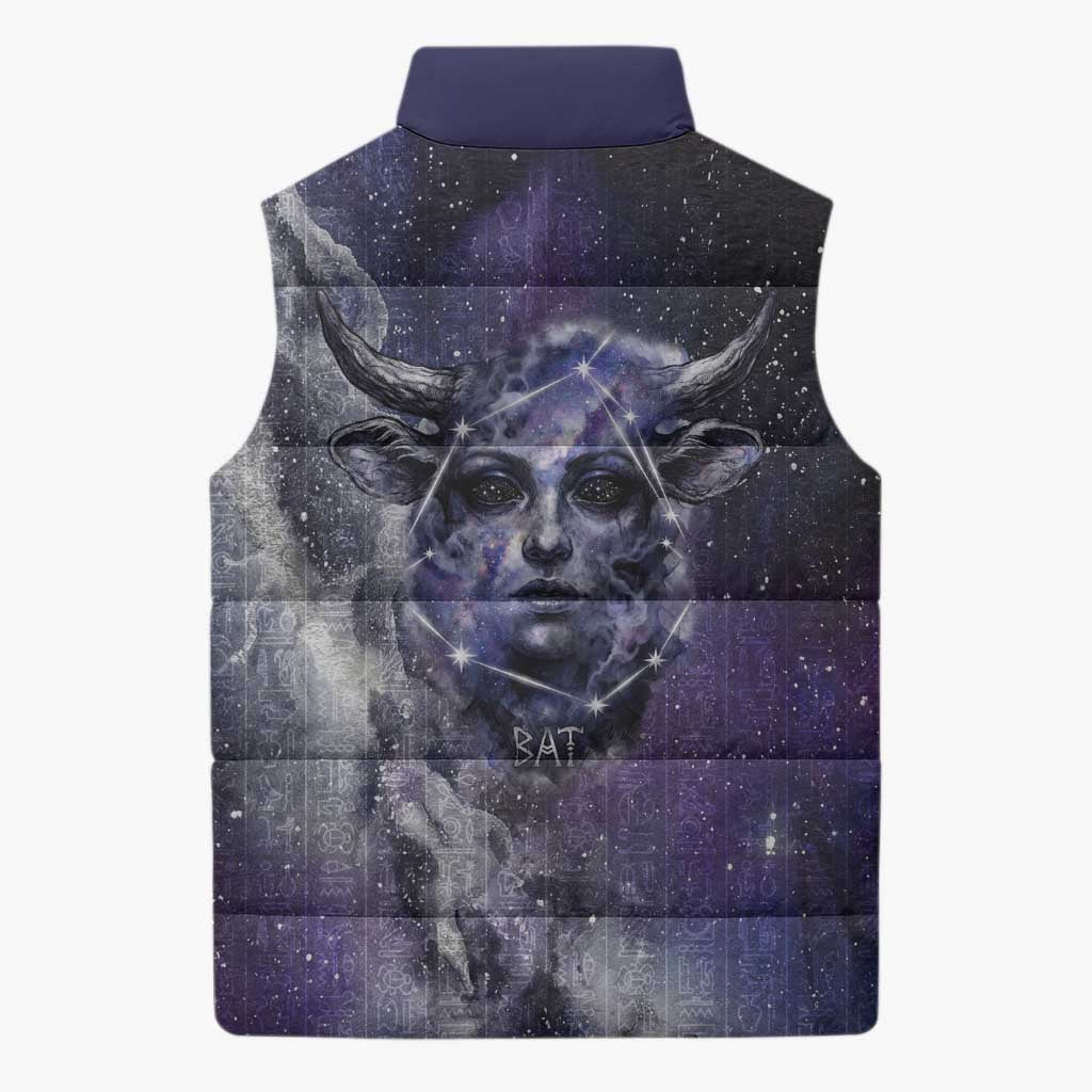 Bat Egyptian Sleeveless Puffer Jacket Cow Goddess Celestial Face Horn Ring Gem Cosmic Starry Sky