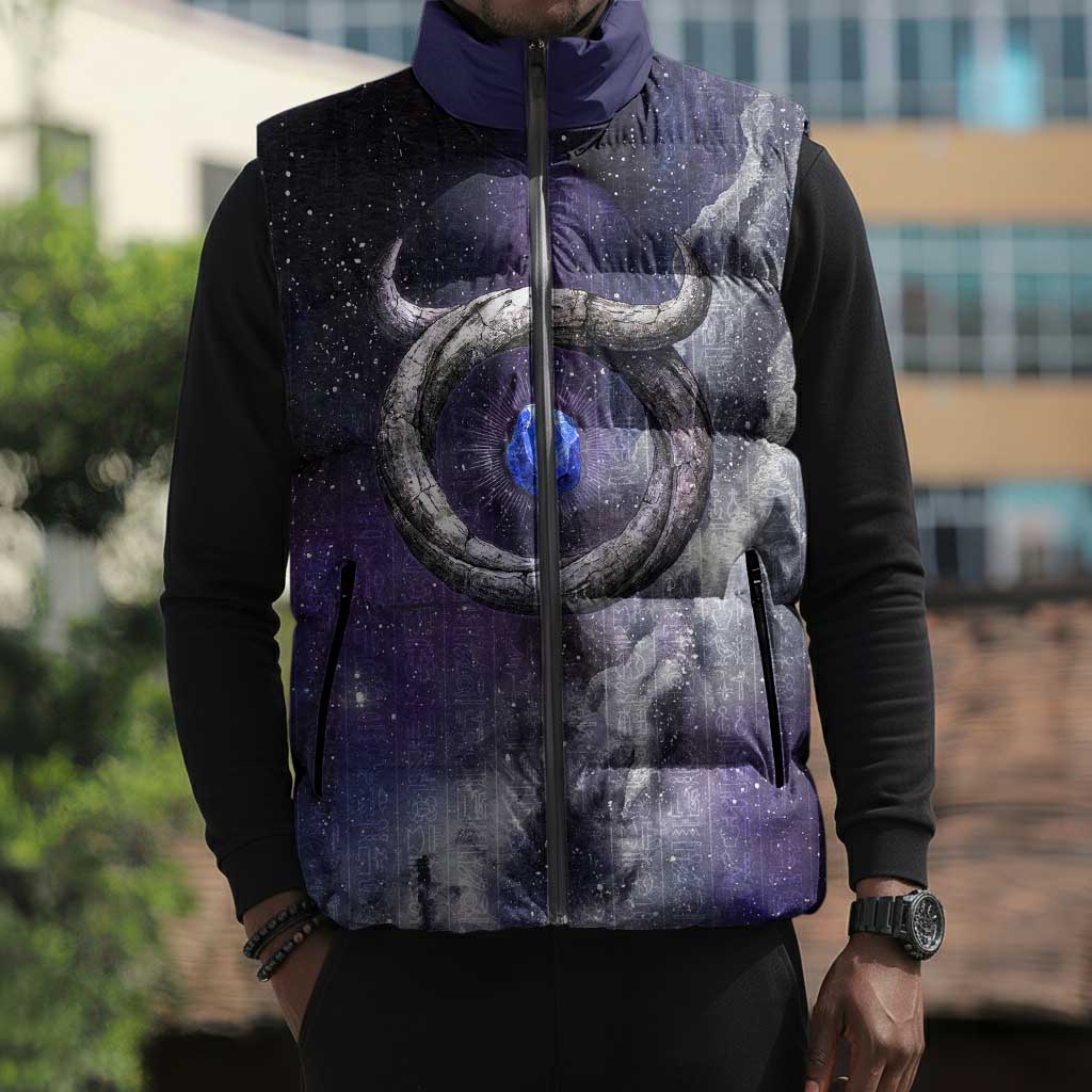 Bat Egyptian Sleeveless Puffer Jacket Cow Goddess Celestial Face Horn Ring Gem Cosmic Starry Sky