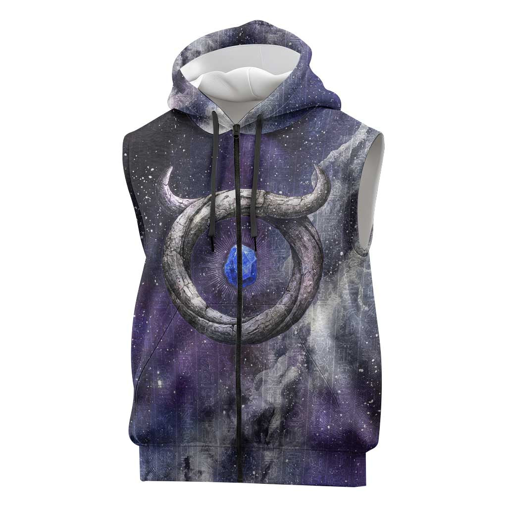 Bat Egyptian Sleeveless Zip Hoodie Cow Goddess Celestial Face Horn Ring Gem Cosmic Starry Sky